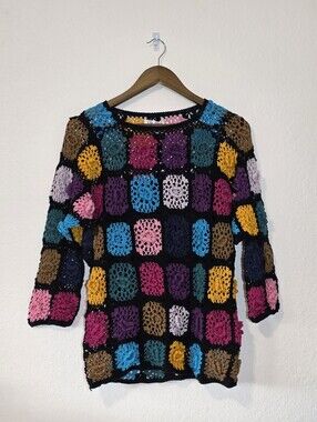 JM Pink Granny Square Crochet Top Womens Small Cotton Multicolor Boho Sweater